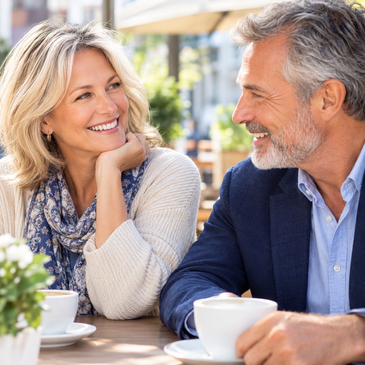 An older couple enjoying a friendly conversation over coffee